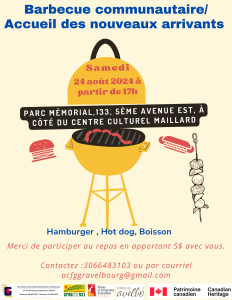 Accueillons les nouveaux arrivants au tour d’un barbecue communautaire: le 24 août 2024 à partir de 17h au Centre culturel Maillard.